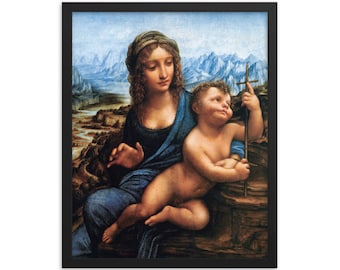 Puede incluir: Una pintura de una mujer con una túnica azul que sostiene a un niño pequeño. El niño sostiene una cruz y mira al espectador. El fondo es un paisaje con montañas.