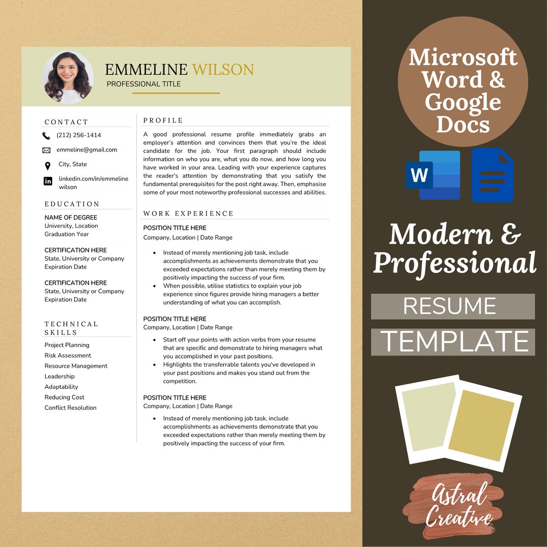 Professional Modern Resume With Photo for Google Docs & Words Resume ...