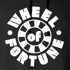 May include: Black hooded sweatshirt with a white graphic design of a wheel with the text "Wheel of Fortune" around it.