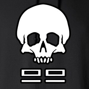 May include: Black hoodie with a white skull and crossbones graphic. The skull has a simple design with two eye sockets and a nose. The crossbones are two horizontal lines.