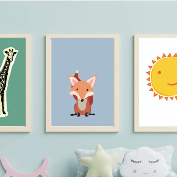 Kids nursery art combo deal!  - the sun, the fox and the Giraffe