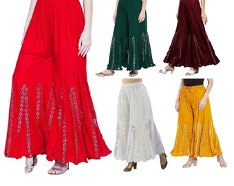 Mujeres Rayon Sharara Flor Espejo Trabajo Palazzo Plazo Pantalón Indio Inferior Usar Pantalones Pijama Fiesta Usar Vestido Harem Pantalones Sarara Lounge