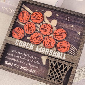 May include: Wooden basketball-themed plaque with a dark brown frame. The plaque features orange basketballs with player names and numbers, a basketball hoop cutout, and the text "COACH MARSHALL". The text "WHITE FOX 2025-2026" is also visible.