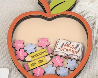Custom Teacher Apple Shaker, Personalized Classroom Student Shaker Sign, Interactive Pencil Shadow Box, Back to School Educator Keepsake