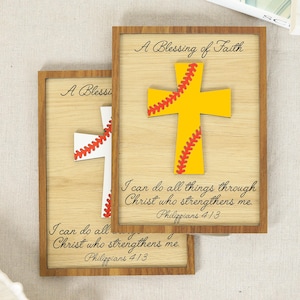 Personalized Baseball Softball Cross Gift, Framed Wooden Christian Decor, Bible Verse Philippians 4:13, Sports Faith Gift Baptism Keepsake