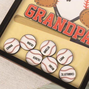 Peut inclure: Un coffret d&eacute;coratif sur le th&egrave;me du baseball avec le mot "GRANDPA" en rouge et blanc. Le coffret contient des balles de baseball avec des noms comme "Emma" et "Olivia". Le fond pr&eacute;sente une batte et un gant de baseball.