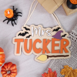 Personalized Halloween Name Sign, Custom Teacher Halloween Door Hanger, Witch Classroom Sign, Wooden Halloween Hanging Decor, Teacher Gift