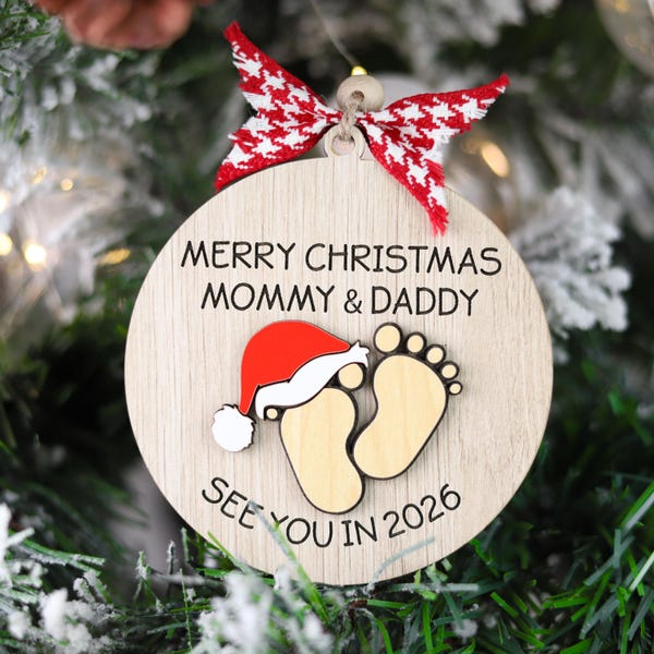 First Christmas as Mommy & Daddy Ornament, Pregnancy Announcement Keepsake, See You in 2026, Expecting Parents Gift, Personalized Baby Feet