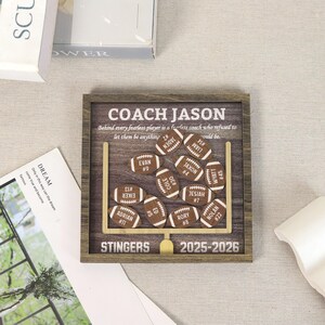Może przedstawiać: Kwadratowa drewniana ramka typu shadow box z nadrukowanym tłem zawierającym tekst COACH JASON, STINGERS, 2025-2026 oraz cytat. Wewnątrz znajdują się małe drewniane wycinanki w kształcie piłek do futbolu amerykańskiego z wygrawerowanymi imionami.