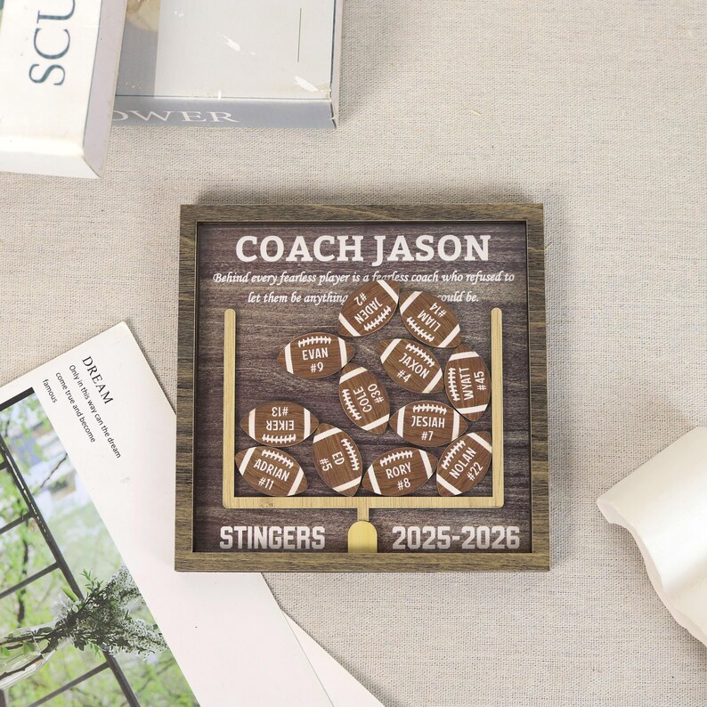 Może przedstawiać: Kwadratowa drewniana ramka typu shadow box z nadrukowanym tłem zawierającym tekst COACH JASON, STINGERS, 2025-2026 oraz cytat. Wewnątrz znajdują się małe drewniane wycinanki w kształcie piłek do futbolu amerykańskiego z wygrawerowanymi imionami.