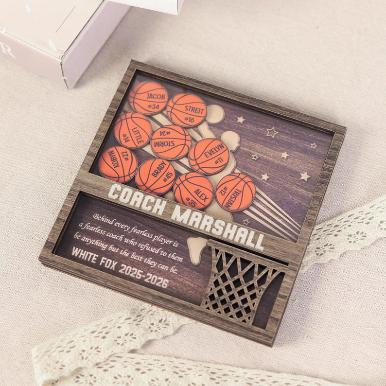 May include: Wooden basketball-themed plaque with laser-cut details. Features orange basketballs with player names and numbers, a basketball hoop, and text that reads "COACH MARSHALL" and "WHITE FOX 2025-2026". The background has a star and stripe design.