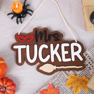Custom Halloween Teacher Door Sign with Witch Hat, Personalized Wooden Classroom Name Tag, Spooky Fall Wall Decor, Unique October Gift Idea