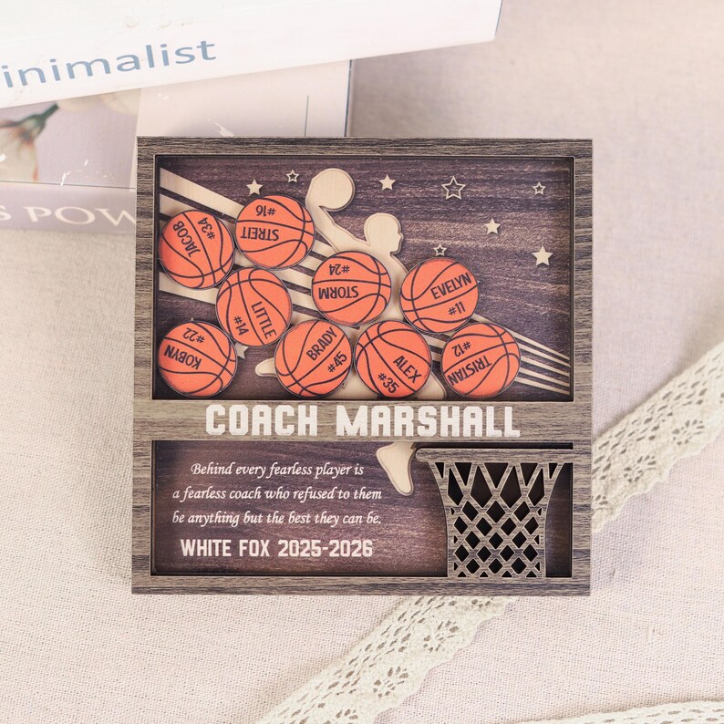 May include: Wooden basketball-themed plaque with the name "COACH MARSHALL" and a basketball net cutout. Features basketballs with player names and numbers. Includes text: "Behind every fearless player is a fearless coach..."