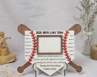 Custom Baseball Photo Frame with Stand, Personalized 2025 Team Picture Frame with Name & Message, Sports Coach Gift, Engraved Wooden Frame