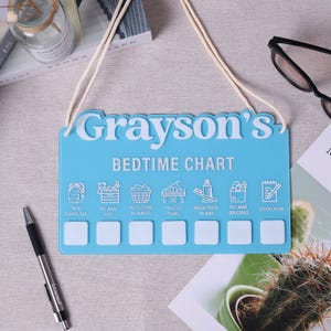 Personalized Kids Bedtime Routine Chart with Custom Name, Toddler Nighttime Chore & Reward Board, Reusable Hanging Checklist for Children
