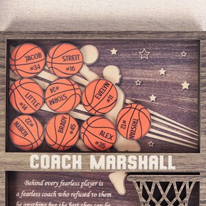 May include: A wooden framed basketball-themed plaque with the text "COACH MARSHALL". The plaque features orange basketballs with player names and numbers, along with a basketball player silhouette and star accents.