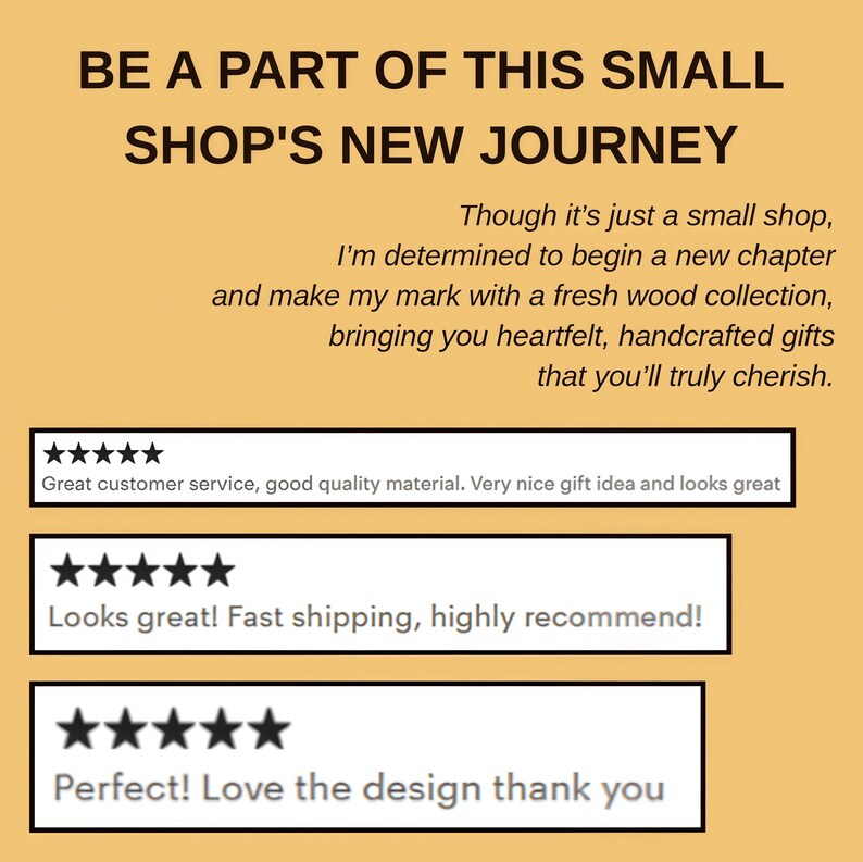 K&ouml;nnte beinhalten: Grafik mit Text "BE A PART OF THIS SMALL SHOP'S NEW JOURNEY". Darunter Kundenbewertungen mit F&uuml;nf-Sterne-Bewertungen und Kommentaren wie "Great customer service" und "Looks great! Fast shipping, highly recommend!".