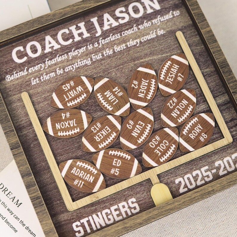 Może przedstawiać: Drewniana ramka typu shadow box z napisem COACH JASON oraz cytatem o nieustraszonych zawodnikach. Wewnątrz znajduje się jedenaście małych, drewnianych wycięć w kształcie piłek do futbolu, z nadrukowanymi imionami i numerami zawodnik&oacute;w. Widoczna jest grafika bramki oraz napis 2025-2026.