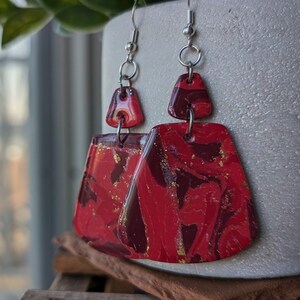 Crimson Tide Polymer Clay Earrings: Red Marble, Gold Shimmer, Hypoallergenic