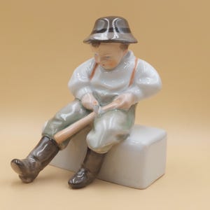 BOY CARVING STICK- Porcelain Little  Boy Figurine- By András Sinko- Hungarian Zsolnay Porcelain- Handpainted- From 1960s