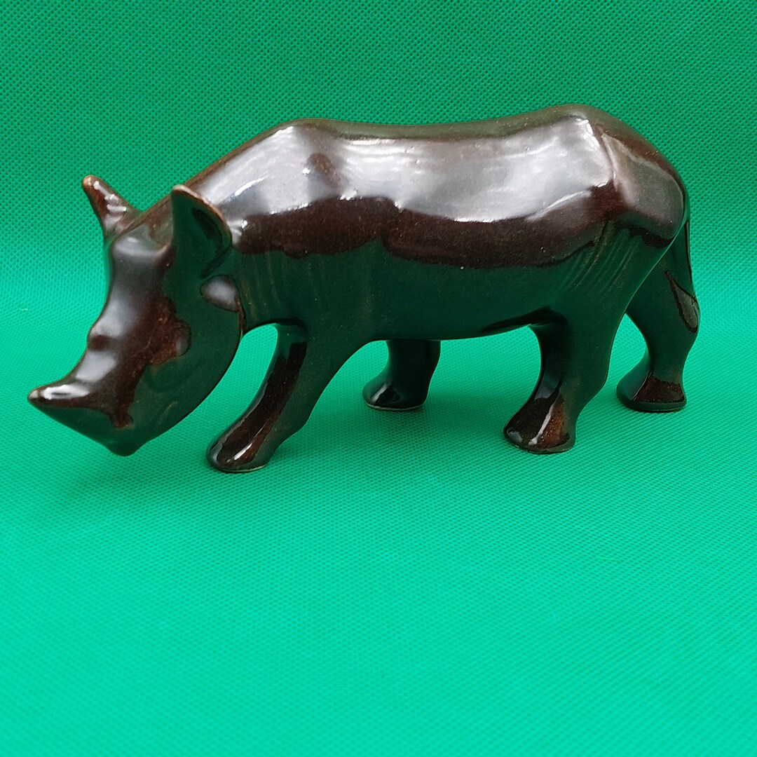 CERAMIC RHINOCEROS Vintage Dark Brown Rhino Ceramic Figurine Cervit