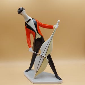 VINTAGE  ZSOLNAY  CELLIST- Brutalist Musician Figurine- By Janos Torok- Hungarian Zsolnay Porcelain- Extremly rare with perfect string-1960s