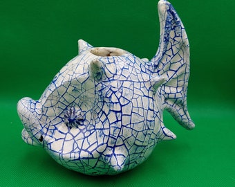BRUTALIST FISH VASE- Vintage Ceramic Fish Flower Vase- Hungary Iparművészeti Ceramic- Handpainted- Rare- From 1970s