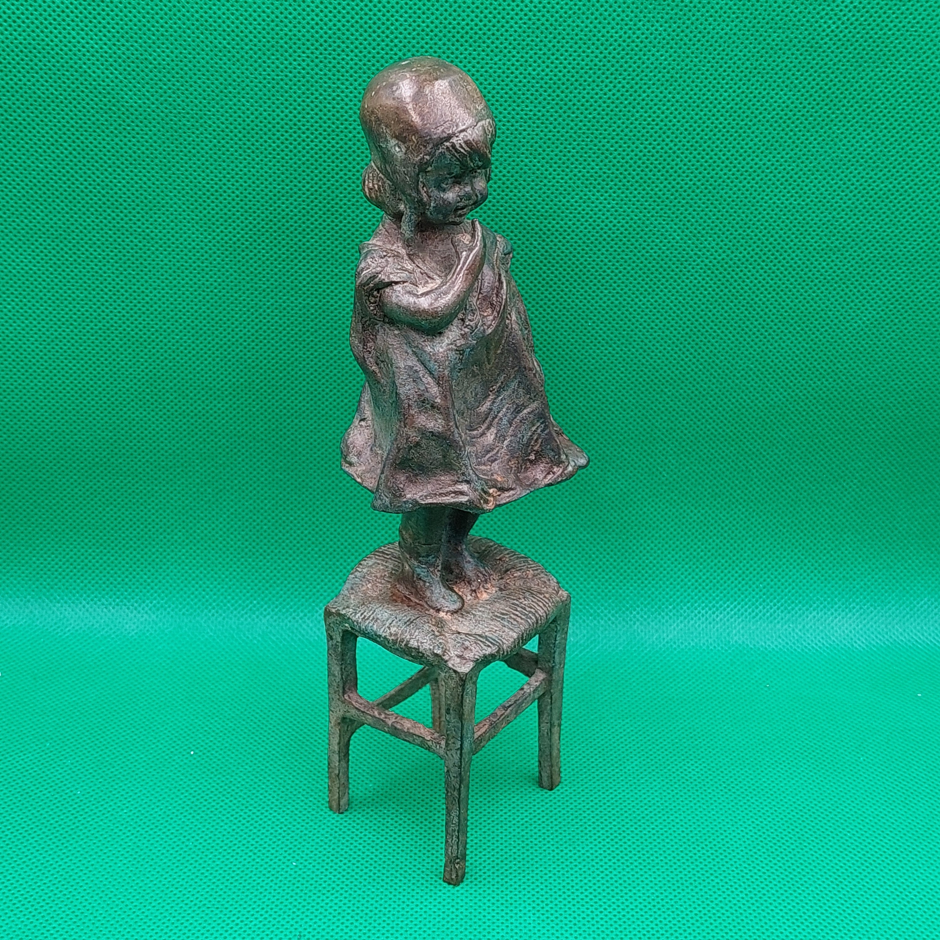 VINTAGE BRONZE SCULPTOR Girl on a Stool Girl Standing on Chair Holding