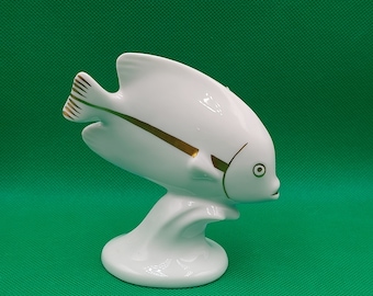 ART DECO  FISH- Vintage Porcelain Fish Figurine- Hungary Hollóháza Porcelain- Rare- Handpainted- From 1970s