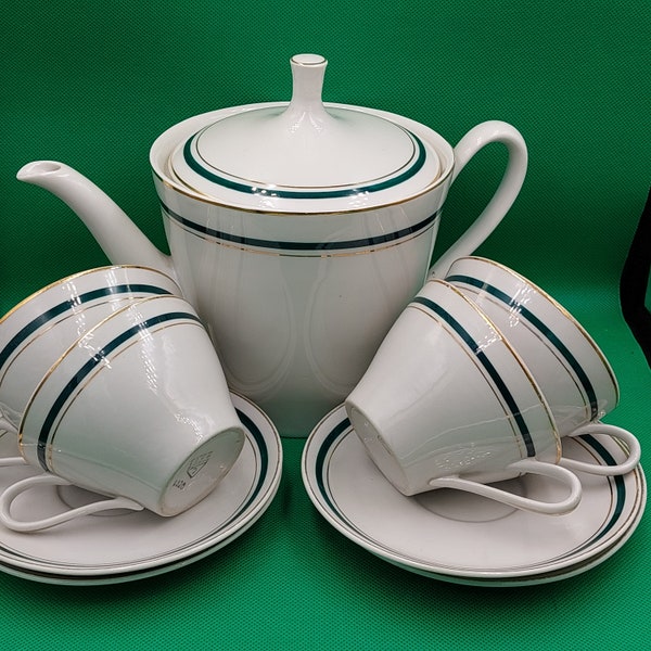Cmielow Tea/ Coffee Set- Vintage Cmielow Porcelain Tea Pot With 4 cup/ saucers - Cmielów Poland Porcelain- Green & White - Hand painted 1960