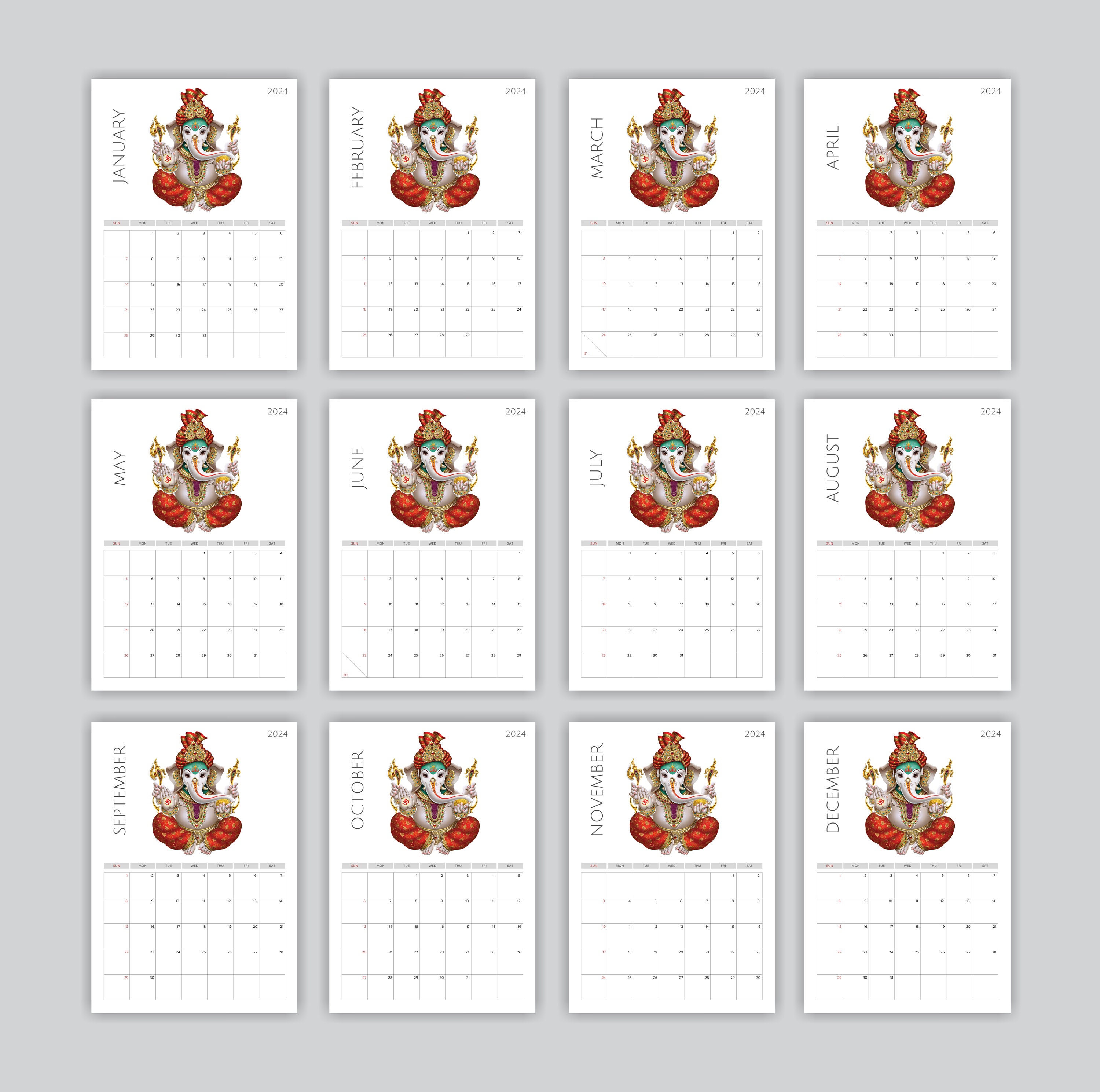 2024 Monthly Ganesha Planner & 2023 Calendar, Printable Planner