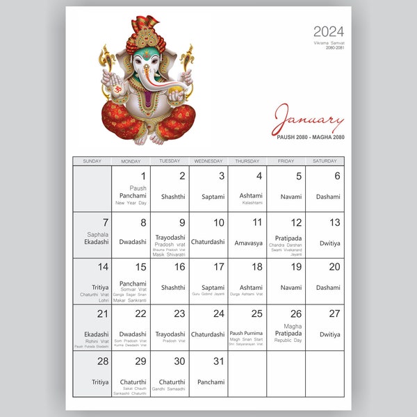 2024 maandelijkse hindoeïstische kalender, afdrukbare Indiase festivals met Tithi-kalender, Indiase Godkalender, hindoeïstische kalender, Indiase kalender, Panchang