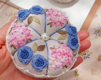 Flower Garden Embroidered Pin Cushion, Handmade Round Pumpkin Pincushion, Pin Accessory, Pin Keeper, Sewing Room Decor, Gift for Her