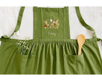 Floral Embroidered Apron For Women, Personalized Hand-Embroidered Apron, Linen Cotton Apron, Flower Embroidery Linen Apron, Custom Apron