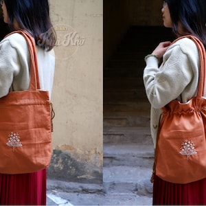 Shoulder drawstring bag / Linen tote bag / linen drawstring shopping bag / Reusable Lunch Bag / Women Cotton Handbag
