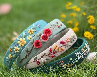 Floral Embroidered Headband, Linen Turban, Vintage Boho Hair Accessories, Cute Embroidery Hairband