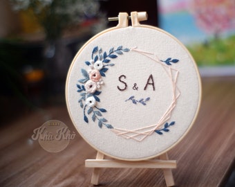Embroidered custom text / Custom Embroidery Hoop Art / Hand Embroidered Flower Wreath / Floral Embroidery Hoop,Custom Name Embroidery