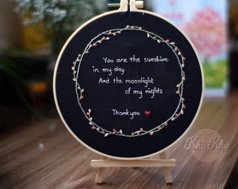 Embroidered custom text / Custom Embroidery Hoop Art / Hand Embroidered Flower Wreath / Floral Embroidery Hoop,Custom Name Embroidery
