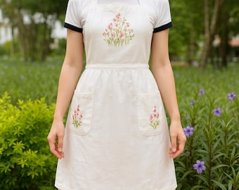 Floral Embroidered Apron For Women, Personalized Hand-Embroidered Apron, Linen Cotton Apron, Flower Embroidery Linen Apron, Custom Apron