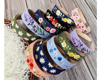 Floral Embroidered Headband, Linen Turban, Vintage Boho Hair Accessories For Girls, Cute Embroidery Hairband