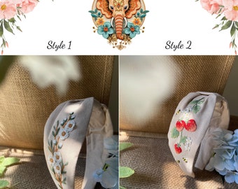 Floral Embroidered Headband, Linen Knot Turban, Cute Embroidery Wide Headwrap Hairband, Vintage Boho Hair Accessories