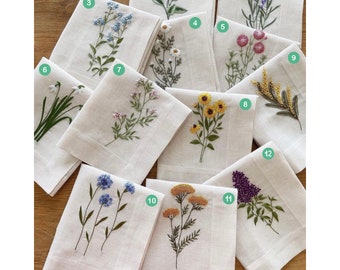 Custom Embroidered Handkerchiefs, Personalized Linen Embroidered Handkerchief, Wild Flower Handkerchief, Hand Embroidery, Wedding Gift