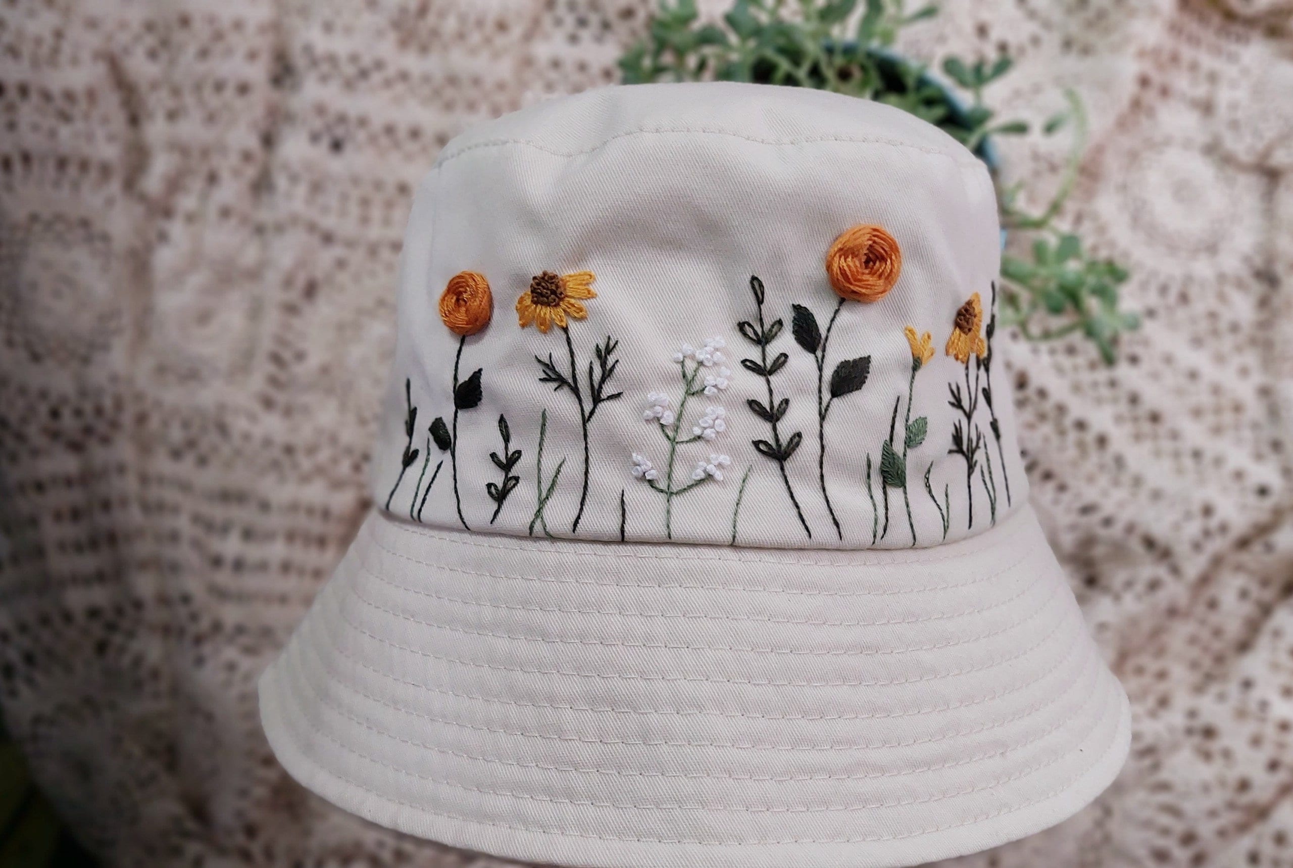 Handmade Floral Embroidered Bucket Hat, Embroidered Hat