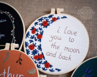 Embroidered custom text / Custom Embroidery Hoop Art / Hand Embroidered Flower Wreath / Floral Embroidery Hoop,Custom Name Embroidery