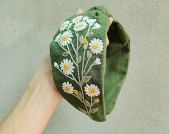 Floral Embroidered Headband, Linen Turban, Vintage Boho Hair Accessories For Girls, Cute Embroidery Hairband