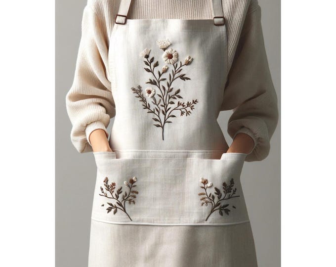 Natural Embroidered Floral Apron, Personalized Hand Embroidered Apron, Kitchen, Cooking, Florist, Gardening Apron, Gift for Her, Custom Name