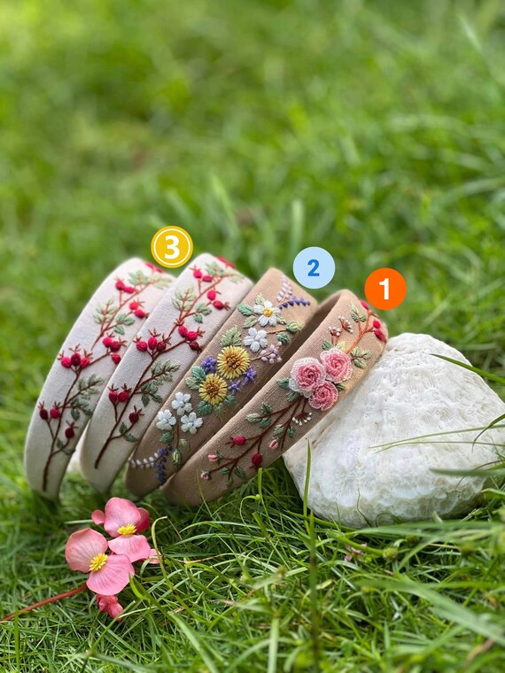 Floral Embroidered Headband - Beige, Pink, Green Floral Knot Headbands | Floral Headbands | Twine and Love main image 4