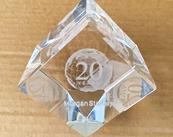 Vtg 20th Anniversary Morgan Stanley Clear Fine Crystal Optic Paper Weight