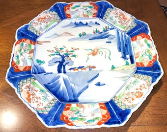 Plato de carga de cerámica china octogonal Imari pintado a mano japonés vintage, decoración