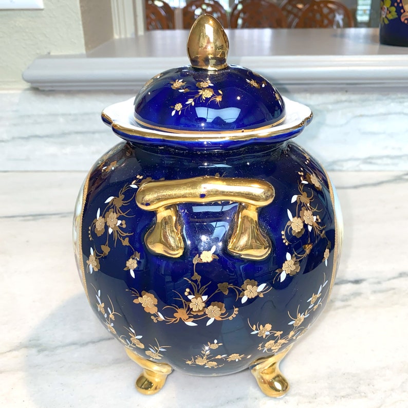 Vintage Limoges Castel France Porcelain Gilt Cobalt Two-Handle Decorative Pot image 6